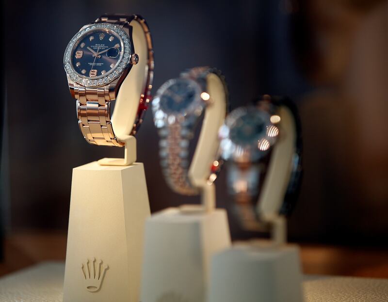 Watches by Swiss manufacturer Rolex on display at the Monte Carlo Country Club in Monaco in 2016.  Reuters