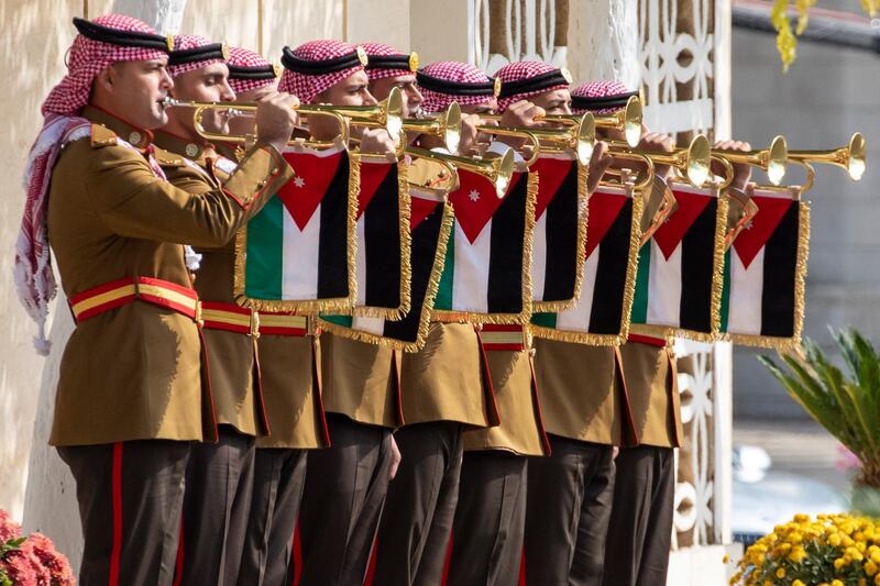 Musicians of the Royal Guard of Honor play their clarions upon the arrival of the Jordan King Abdullah II, during opening ceremony of the fourth ordinary session of the 18th Parliament in Amman, Jordan.  EPA