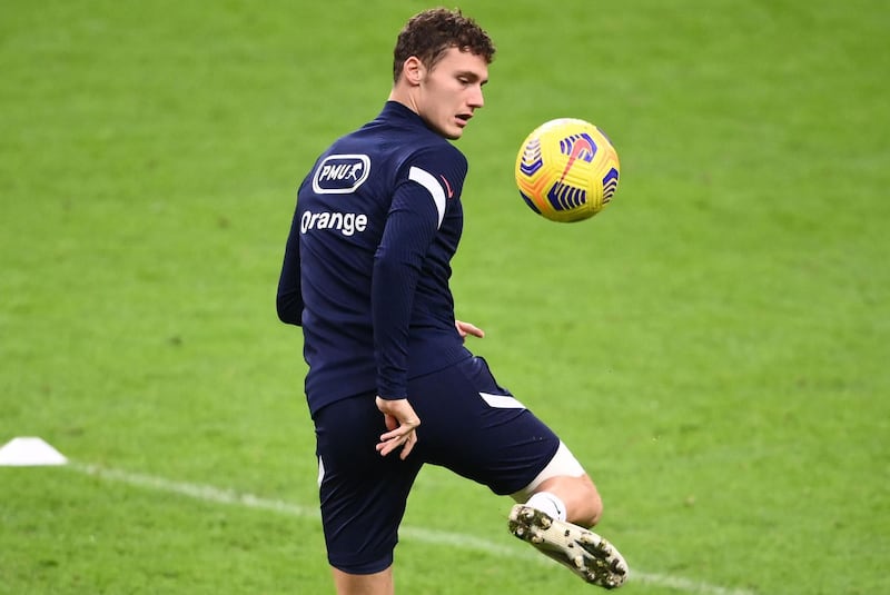 Benjamin Pavard takes part in a training session at the Stade de France ahead of the Uefa Nations League match between France and Sweden. AFP