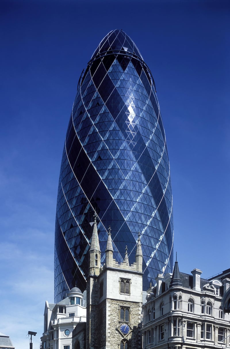 Swiss R.E. building, the Gherkin, London,  England. (Photo by: Dukas/Universal Images Group via Getty Images)