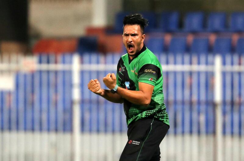 Umair Ali of Future Mattress celebrating after taking the wicket in the Sharjah Ramadan Cup final between Future Mattress vs MCM Cricket Club held at Sharjah International Cricket Stadium in Sharjah on May 7,2021. Pawan Singh / The National. Story by Paul