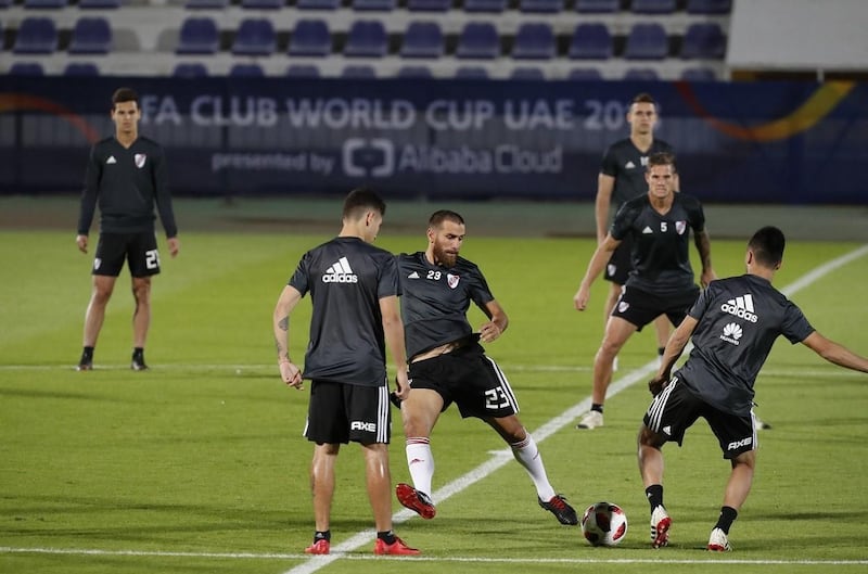Leonardo Ponzio, centre, takes part in a River Plate training session ahead of the Fifa Club World Cup semi-final against Al Ain. Courtesy Fifa Club World Cup UAE 2018