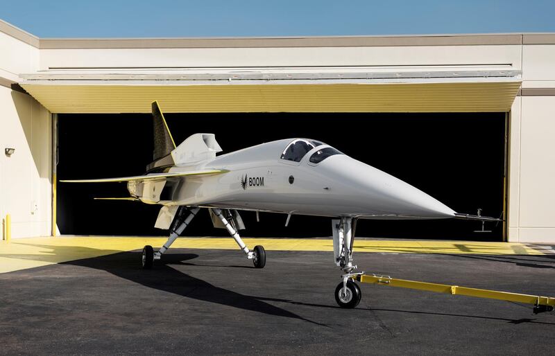 Boom Supersonic's demonstrator aircraft XB-1 is seen parked at a hangar in Denver, Colorado, in an undated photograph released on October 7, 2020. Boom Supersonic/Nathan Leach-Proffer/Handout via Reuters