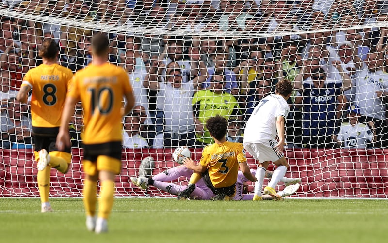 Brenden Aaronson helps Leeds United score the winner against Wolverhampton Wanderers at Elland Road. Getty