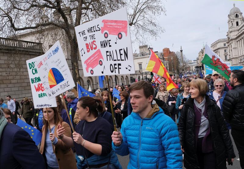 EU supporters participate in the People's Vote march in central London. Reuters