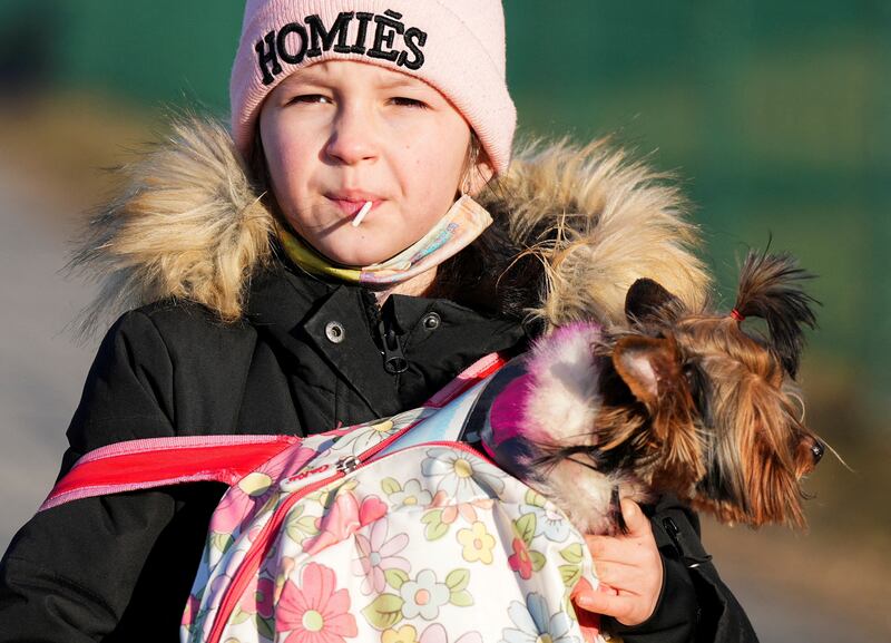 A girl carries her dog as people wait in Medyka, Poland, after crossing the border from Ukraine. Reuters