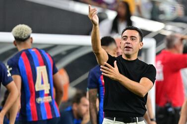 Barcelona Spanish coach Xavi appeals to officials for a handball against Real Madrid during the international friendly football match between Barcelona and Real Madrid at Allegiant Stadium in Las Vegas, Nevada, on July 23, 2022.  (Photo by Frederic J.  BROWN  /  AFP)