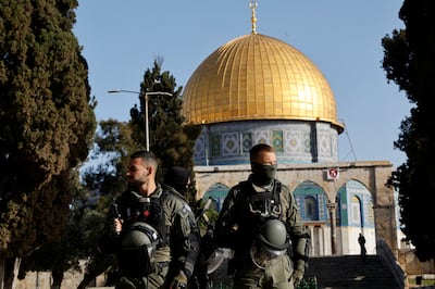 Israeli security forces on patrol Al Aqsa Mosque compound on Wednesday, with tension mounting in Jerusalem's Old City. Reuters