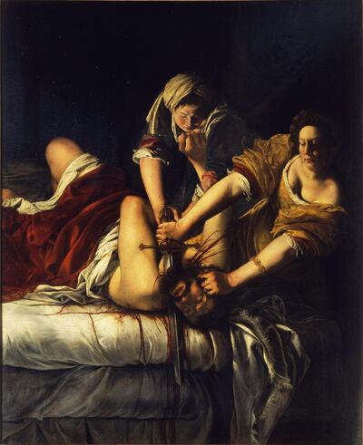 MMPPYH .  English: Two women pin down a man on a bed. With one hand, Judith holds his head; with the other, she slices his throat with a long sword. The intensity of the scene is highlighted by the dripping blood soaking the white bed sheets and the man's eyes wide open ? conscious, but helpless. Artemisia is more a champion of strong women rather than a woman obsessed with violence and revenge.  Italian: Giuditta che decapita Oloferne Judith Beheading Holofernes. from 1614 until 1620. Artemisia Gentileschi - Giuditta decapita Oloferne - Google Art Project-Adjust