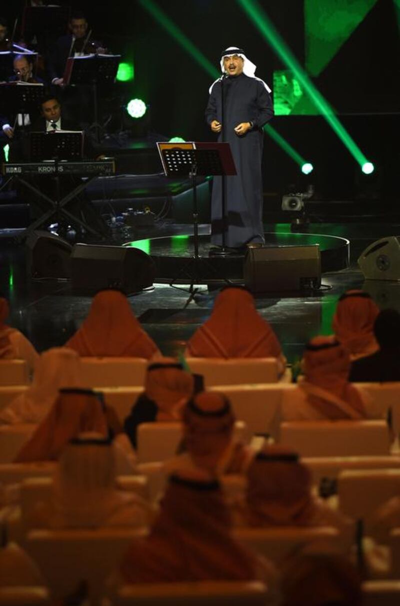 Saudi singer Mohammed Abdu, also known as ‘The Artist of the Arabs’ performs at a concert in Riyadh in March 2017. The performance was the first major concert staged in the kingdom’s capital. Fayez Nureldine / AFP

