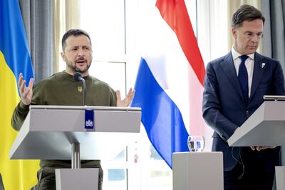 Ukrainian President Volodymyr Zelensky addresses a press conference with Dutch Prime Minister Mark Rutte. EPA 