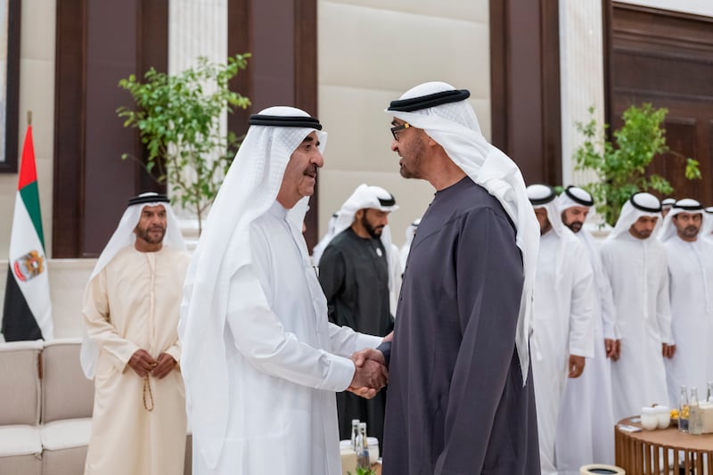 Sheikh Mohamed receives Sheikh Saud at Al Bateen Palace.
Abdulla Al Bedwawi / UAE Presidential Court 