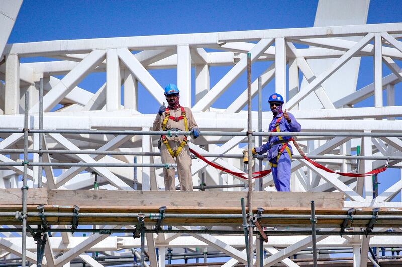 Abu Dhabi, United Arab Emirates, January 13, 2021.   Sneak peek of Al Qana Abu Dhabi and  interview with Fouad Mashal, CEO of Al Barakah International Investment and owner of Al Qana.  Workers are all thumbs up at the jobsite.
Victor Besa/The National
Section:  NA
Reporte:  Haneen Dajani