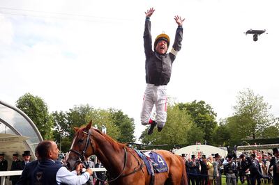 ASCOT, ENGLAND - JUNE 20:  Frankie Dettori makes a flying dismount from Stradivarius after winning The Gold Cup on day three of Royal Ascot at Ascot Racecourse on June 20, 2019 in Ascot, England. (Photo by Bryn Lennon/Getty Images for Ascot Racecourse)