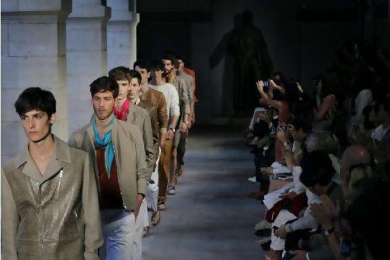 Models present creations by French designer Veronique Nichanian for the Hermes label during the brand men's spring-summer 2012 fashion collection show in June 2011. AFP