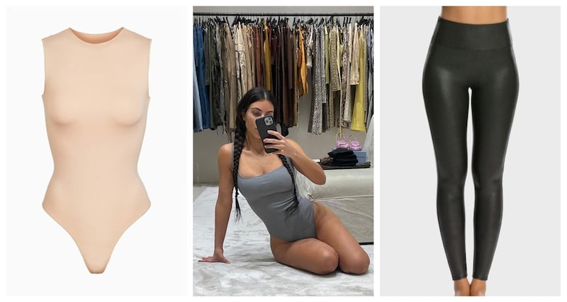 Kim Kardashian's shapewear range Skims (left) has made a huge splash in the solutionwear market, turning once-hidden undergarments into statement outerwear. Courtesy Skims, Instagram, Spanx