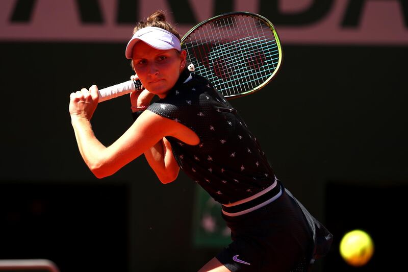 PARIS, FRANCE - JUNE 02: Marketa Vondrousova of The Czech Republic returns the ball during her ladies singles fourth round match against Anastasija Sevastova of Latvia during Day eight of the 2019 French Open at Roland Garros on June 02, 2019 in Paris, France. (Photo by Clive Brunskill/Getty Images)