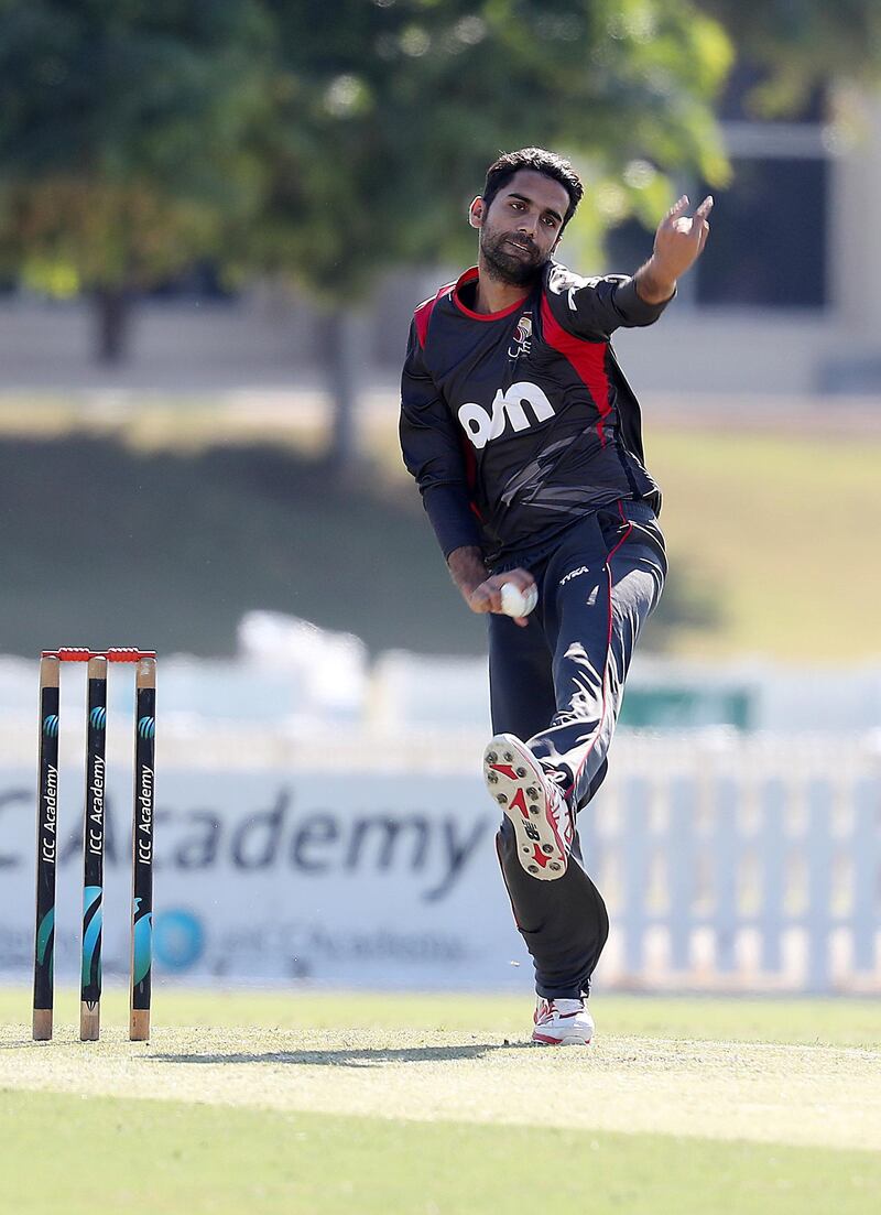 DUBAI , UNITED ARAB EMIRATES , JAN 11 – 2018 :- Qadeer Ahmed of UAE bowling during the one day international cricket match between UAE vs Ireland held at ICC Academy in Dubai Sports City in Dubai.  (Pawan Singh / The National) For Sports. Story by Paul Radley