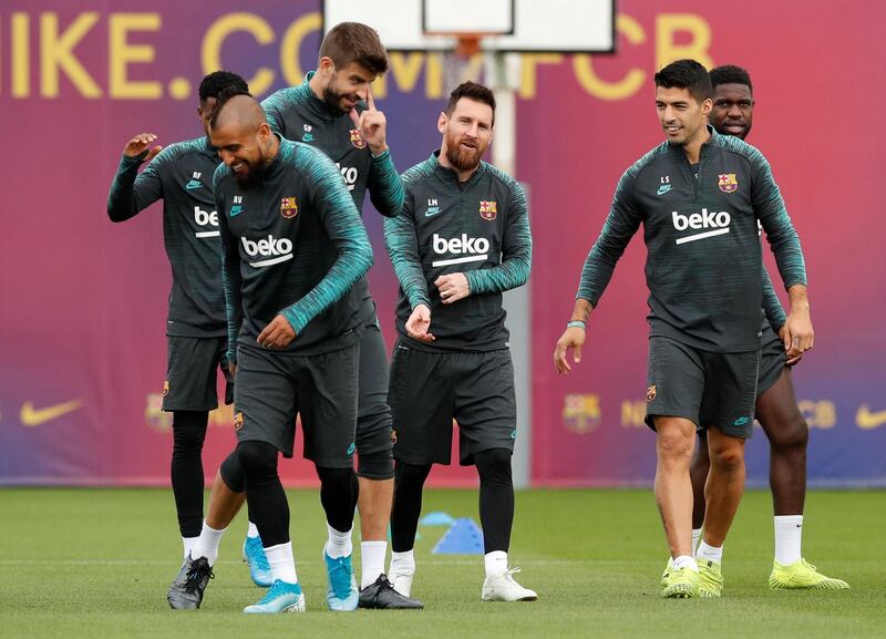 Barcelona's Arturo Vidal, Gerard Pique, Lionel Messi, Luis Suarez and Samuel Umtiti during training. Reuters