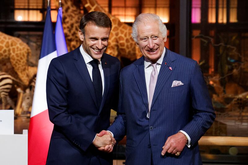 French President Emmanuel Macron with King Charles during their visit to the Museum of Natural History in Paris. Reuters