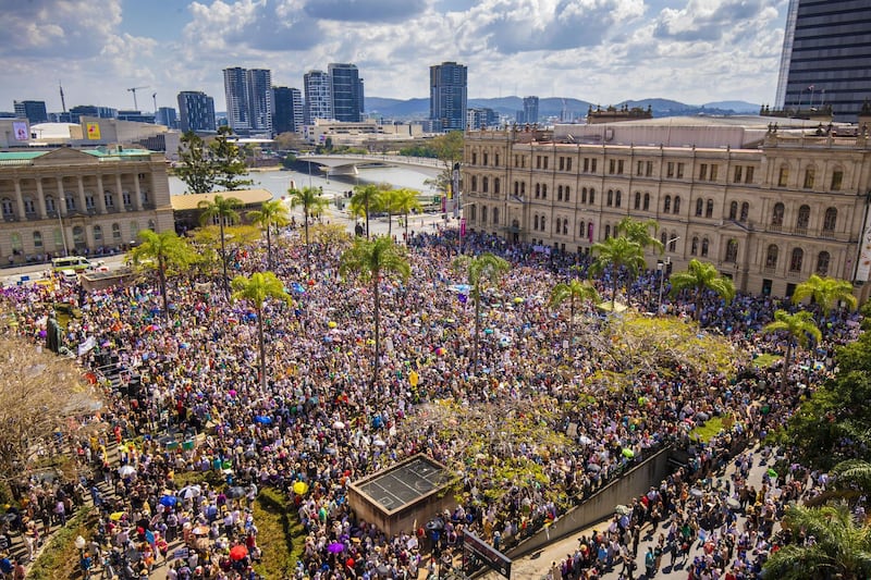 Hundreds of Climate Emergency Protesters attend a rally in Brisbane. Getty Images