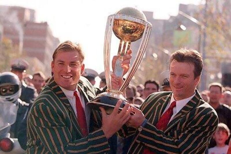 Steve Waugh, right, whose Australia won the 50-over World Cup in 1999, is considered the greatest cricket captain of all time, according to a study. Tony Feder / AllSport