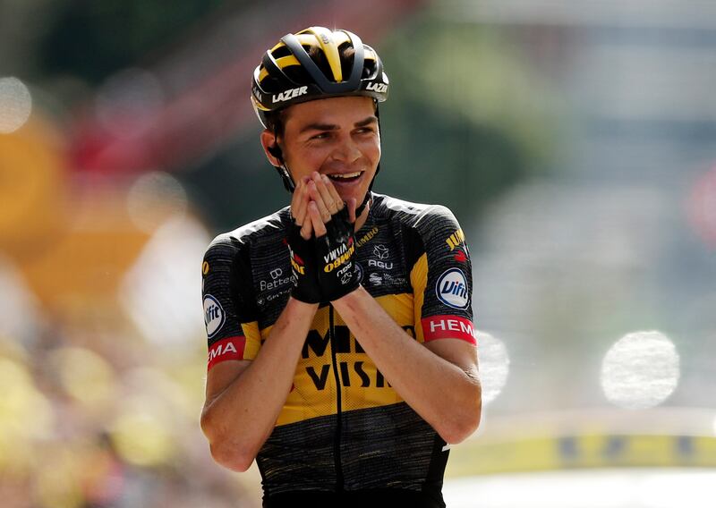 Team Jumbo–Visma rider Sepp Kuss after winning Stage 15 of the Tour de France on Sunday, July 11.