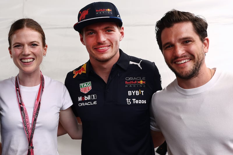 Red Bull driver Max Verstappen with actors Rose Leslie and Kit Harington at Circuit de Monaco on Sunday. Getty