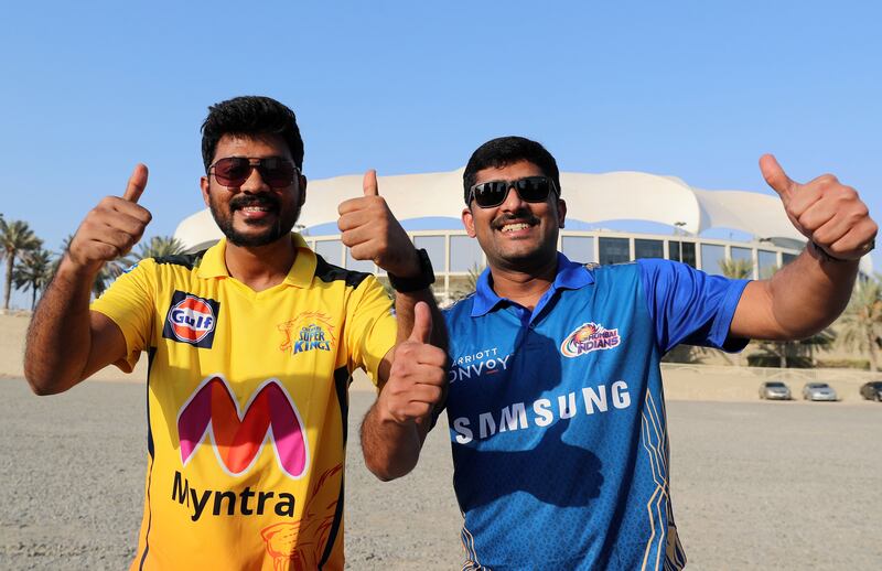 Chennai Super Kings and Mumbai Indians supporters in Dubai ahead of the resumption of the league on Sunday, September 19. Chris Whiteoak / The National