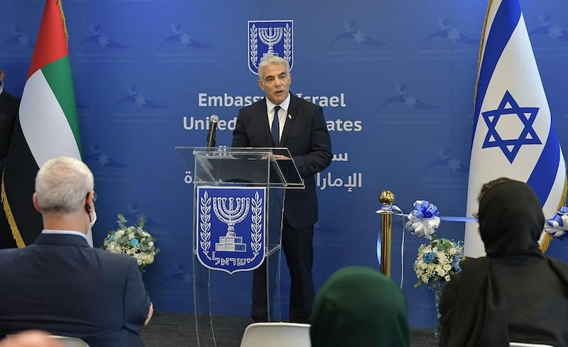 Israeli Foreign Minister Yair Lapid delivering a speech during the inauguration of the Israeli embassy in Abu Dhabi. AFP