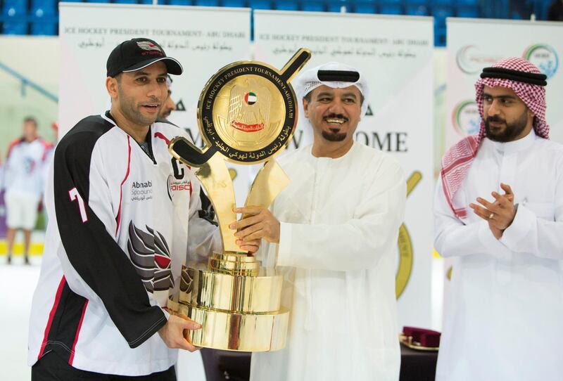 ABU DHABI, UNITED ARAB EMIRATES - AD storms team captain Juma Al Dhaheri with the rophy at the AD Storms vs Belarus final game at the Ice Hockey President Cup 2018, Zayed Sport City Ice Rink, Abu Dhabi.  Leslie Pableo for The National