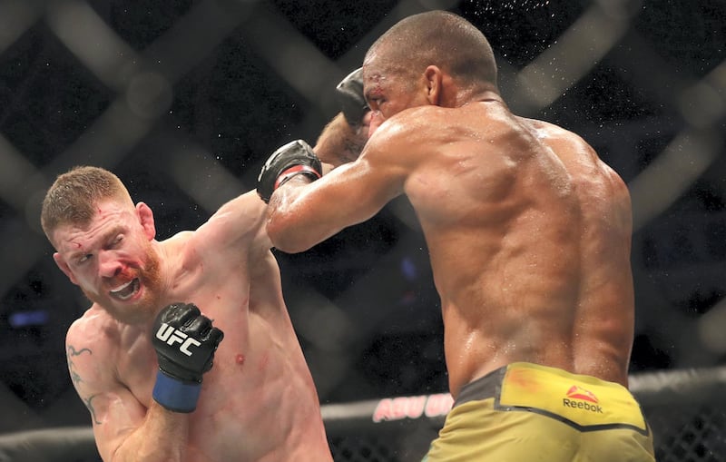 Abu Dhabi, United Arab Emirates - September 07, 2019: Lightweight bout between Edson Barboza and Paul Felder (blue shorts, winner) in the Main card at UFC 242. Saturday the 7th of September 2019. Yas Island, Abu Dhabi. Chris Whiteoak / The National