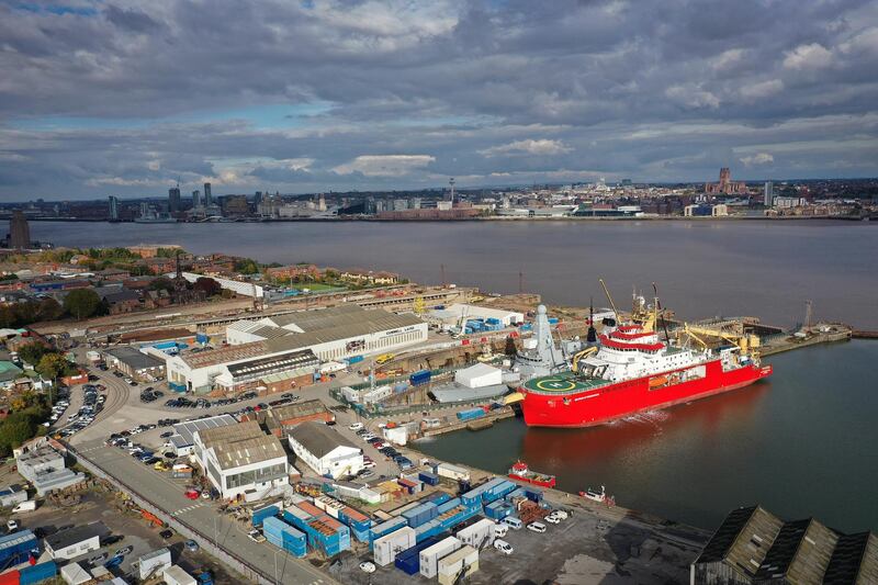 LIVERPOOL, ENGLAND - OCTOBER 14: The RRS Sir David Attenborough research vessel sits in the dock at Cammell Laird shipyard on October 14, 2020 in Liverpool, England. The Liverpool City Region was placed into the highest tier of the government's new three-tier system to assess Covid-19 risk, a designation which forced the area to close pubs and ban household mixing, among other restrictions. (Photo by Christopher Furlong/Getty Images)