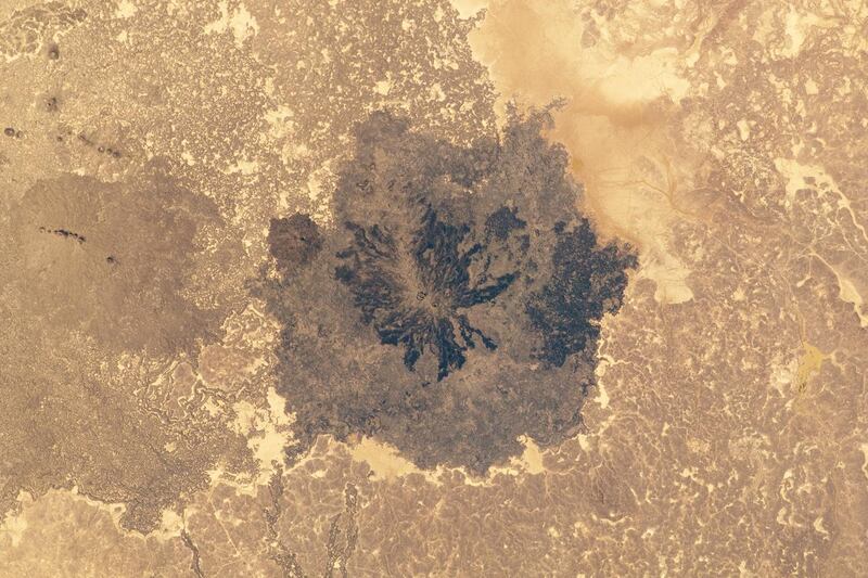 Es Safa, a basaltic volcanic field in southeast of Damascus, Syria, photographed from space in 2010. It is the largest volcanic field on the Arabian tectonic plate.