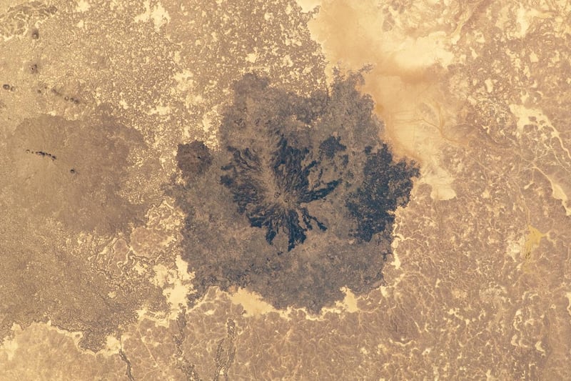 Es Safa, a basaltic volcanic field in southeast of Damascus, Syria, photographed from space in 2010. It is the largest volcanic field on the Arabian tectonic plate.