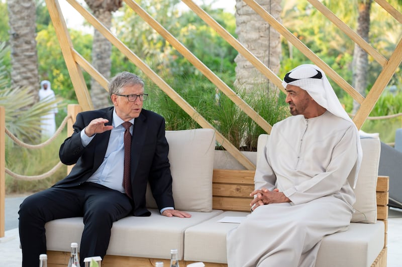 Sheikh Mohamed bin Zayed, Crown Prince of Abu Dhabi and Deputy Supreme Commander of the Armed Forces, receives Bill Gates. Hamad Al Kaabi / Ministry of Presidential Affairs