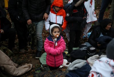 Migrants gather in a forest near the Poland-Belarus border. Reuters