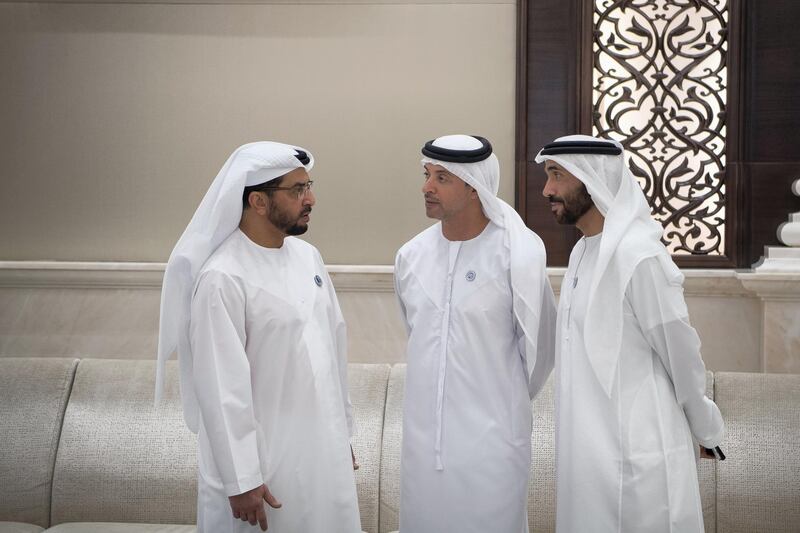 ABU DHABI, UNITED ARAB EMIRATES - June 11, 2018: HH Sheikh Hamdan bin Zayed Al Nahyan, Ruler���s Representative in Al Dhafra Region (L), HH Sheikh Hazza bin Zayed Al Nahyan, Vice Chairman of the Abu Dhabi Executive Council (C) and HH Sheikh Nahyan Bin Zayed Al Nahyan, Chairman of the Board of Trustees of Zayed bin Sultan Al Nahyan Charitable and Humanitarian Foundation (R), attend an iftar reception at Al Bateen Palace.
��(��Saeed Al Neyadi / Crown Prince Court - Abu Dhabi )
---