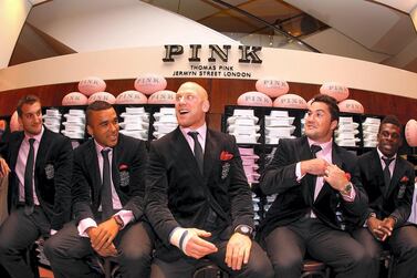 Rugby players Sam Warburton, Simon Zebo, Paul O'Connell, Brad Barritt and Christian Wade at a David Jones-Thomas Pink event. Getty