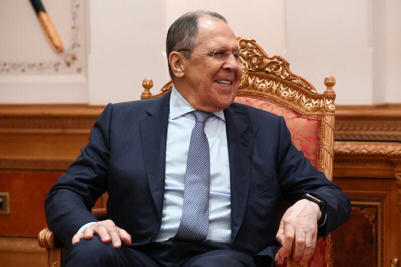 Mr Lavrov attends a meeting with Oman's Deputy Prime Minister Fahd bin Mahmoud Al Said. Reuters 