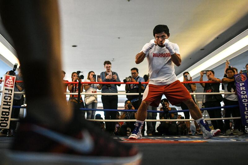 Manny Pacquiao takes part in a training session at a gym in Kuala Lumpur ahead of his WBA world welterweight bout against Argentina's Lucas Matthysse on July 15.  AFP