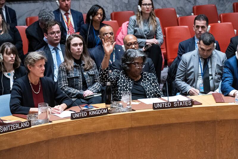US ambassador Linda Thomas-Greenfield casts her veto vote at the UN Security Council in New York. EPA