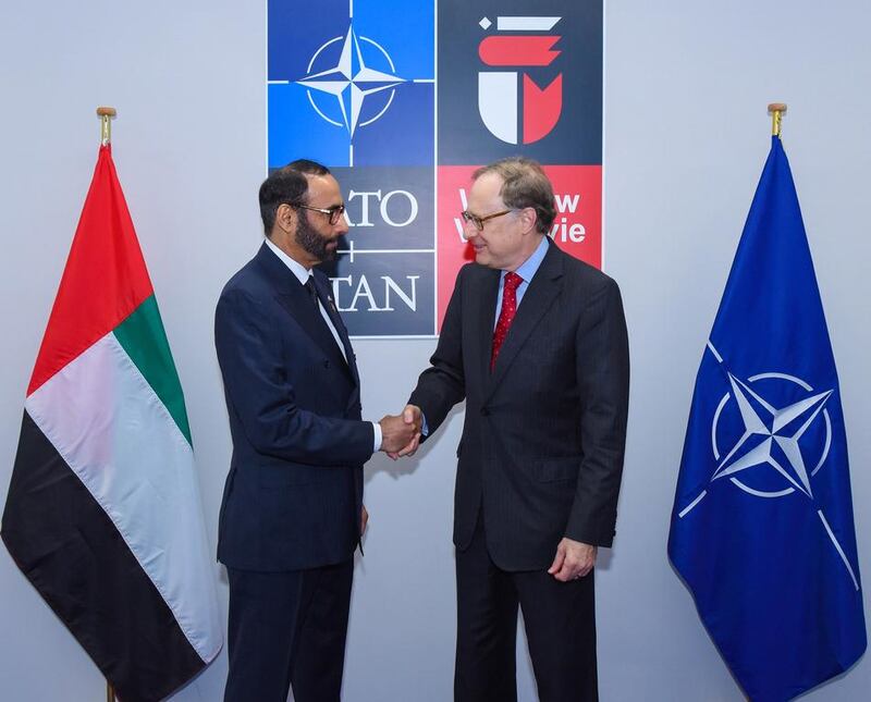 Mohammed Al Bowardi, the UAE Minister of State for Defence  Affairs, meets Alexander Vershbow, Nato’s deputy secretary general, in Warsaw on July 8, 2016. Wam