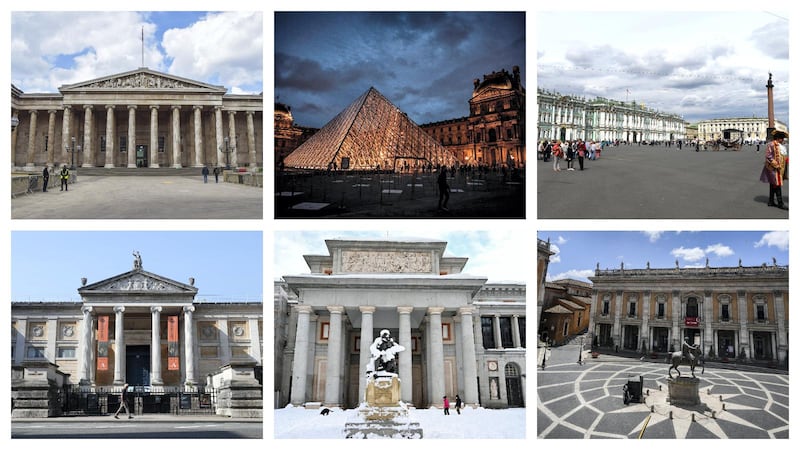 Clockwise from top left: The British Museum in London, Louvre Museum in Paris, Hermitage Museum in Saint Petersburg, Capitoline Museums in Rome, Prado Museum in Madrid, Ashmolean Museum in Oxford. AFP, Getty Images