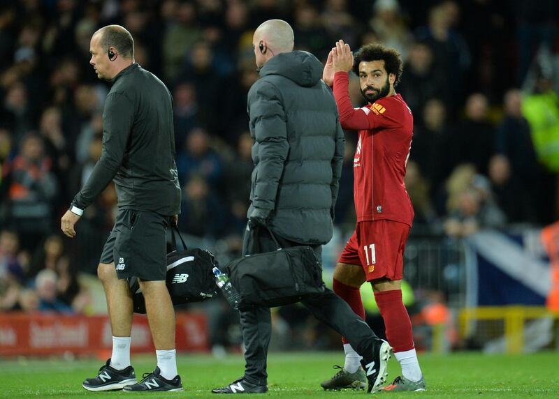 epa07954489 Liverpoolâ€™s Mohamed Salah reacts as he leves the pitch during the English Premier League game between Liverpool FC and Tottenham Hotspur in Liverpool, Britain, 27 October 2019.  EPA/PETER POWELL EDITORIAL USE ONLY. No use with unauthorized audio, video, data, fixture lists, club/league logos or 'live' services. Online in-match use limited to 120 images, no video emulation. No use in betting, games or single club/league/player publications.