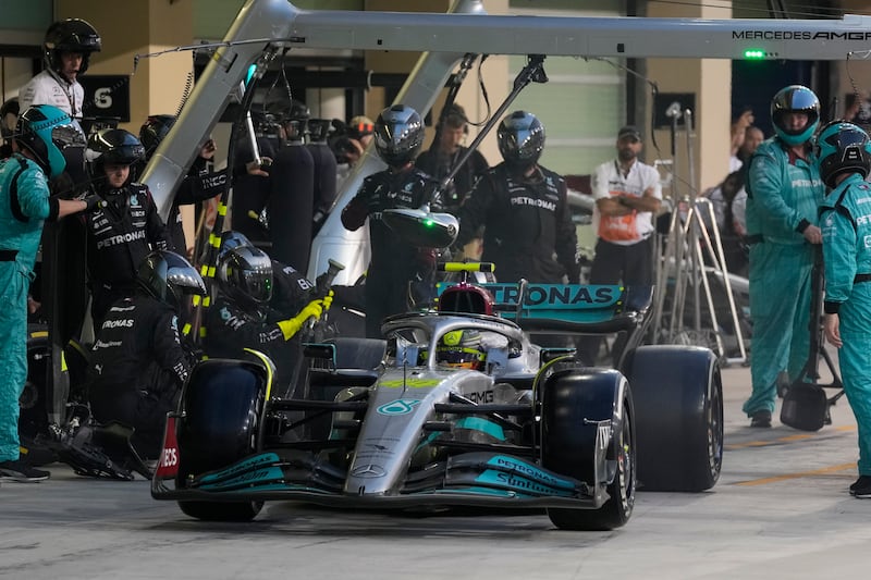 Lewis Hamilton makes a pit stop during the Formula One Abu Dhabi Grand Prix. AP