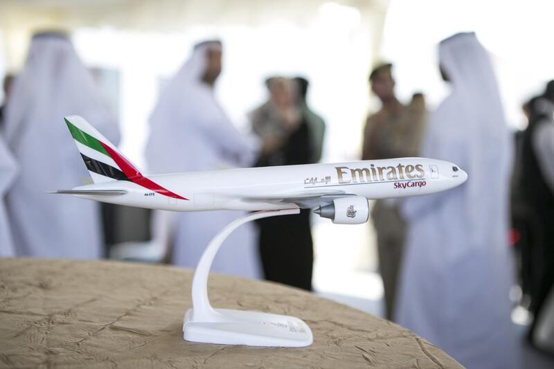 A model Emirates SkyCargo aircraft. Middle East carriers saw a drop in freight volumes in June. Reem Mohammed/ The National