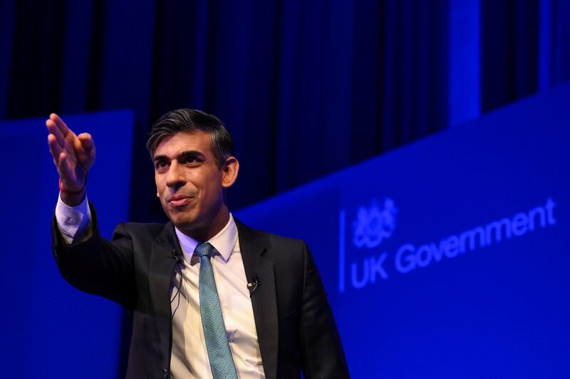 British Prime Minister Rishi Sunak delivers a speech at a Business Connect event in London. Getty