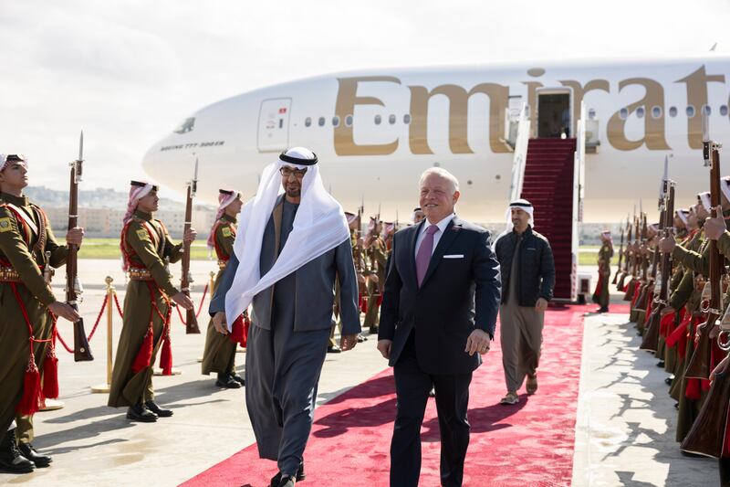 Sheikh Mohamed was received by King Abdullah at Marka International Airport in Amman.