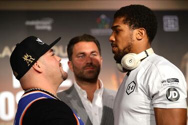 Promoter Eddie Hearn with Andy Ruiz Jr and Anthony Joshua before their 'Clash on the Dunes' in Diriyah, Saudi Arabia in December. Getty